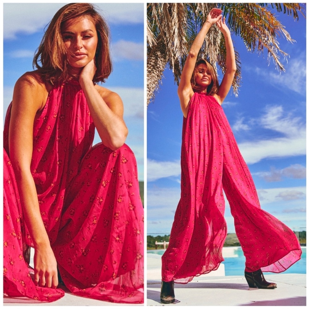 Free People Pink Red Halter Boho Jumpsuit